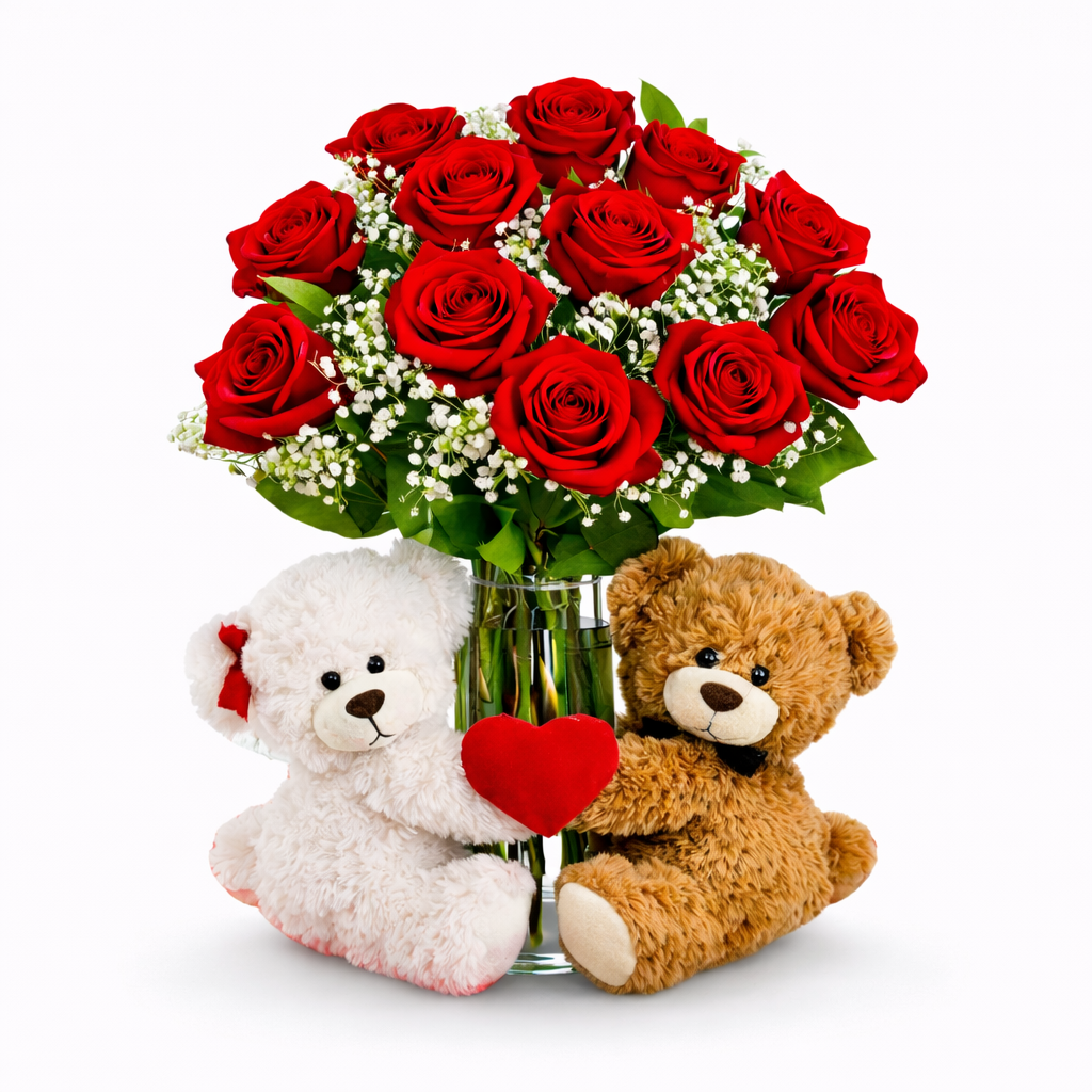 ADORABLE ARREGLO EN FLORERO CON 12 ROSAS Y 2 PELUCHE