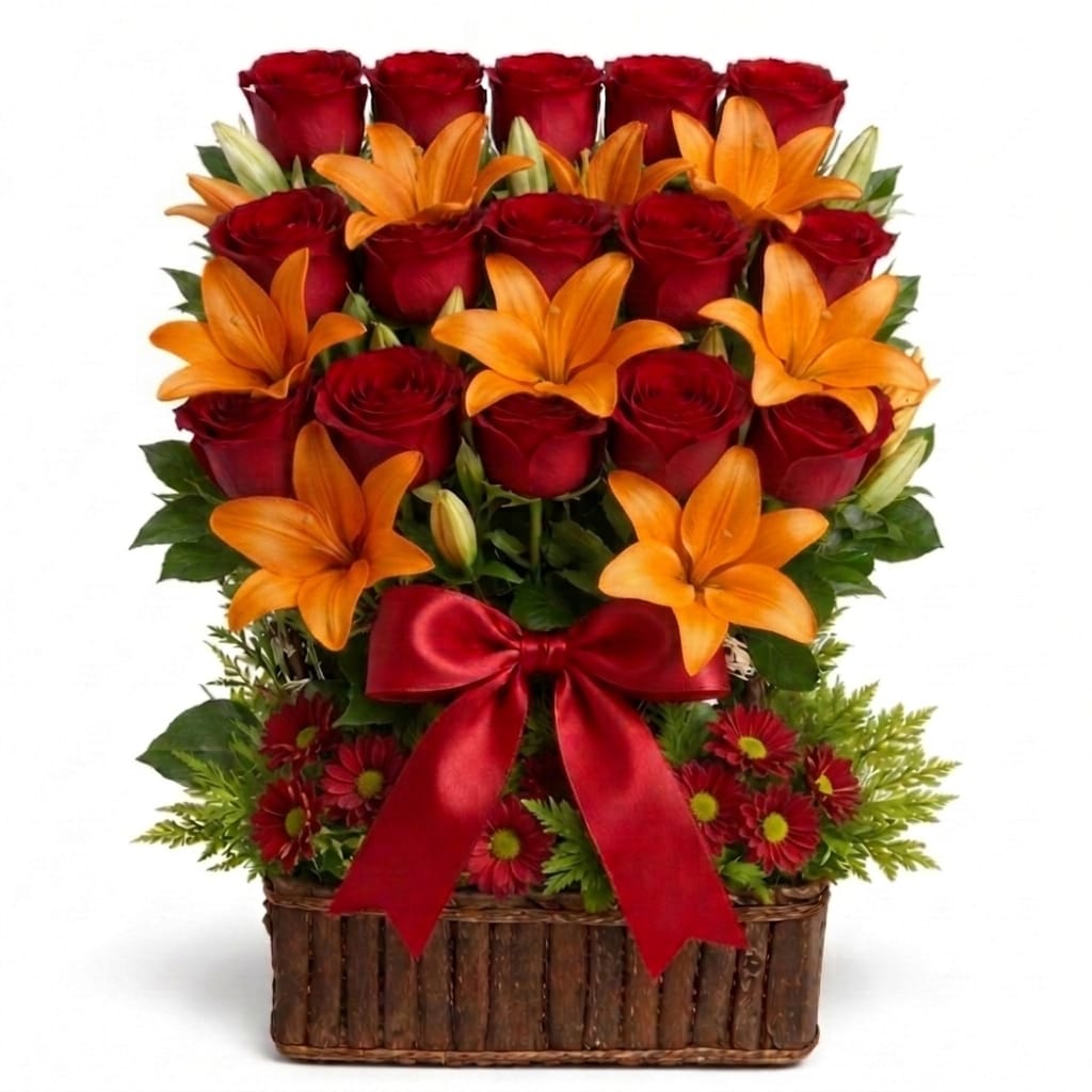 ARREGLO FRONTAL CON 15 ROSAS ROJAS Y 10 VARAS DE LILIUM NARANJAS