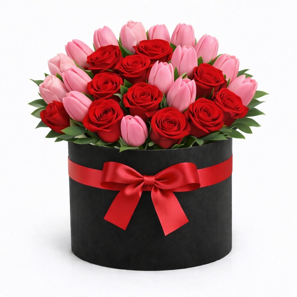 BOX CON TULIPANES ROSADOS Y ROSAS ROJAS