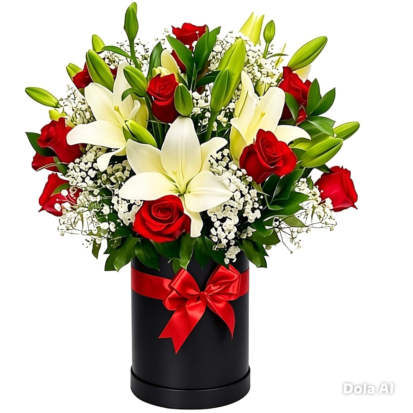 PRECIOSO BOX CON ROSAS ROJAS , LILIUM BLANCOS Y FLORES DE LA ESTACIÓN