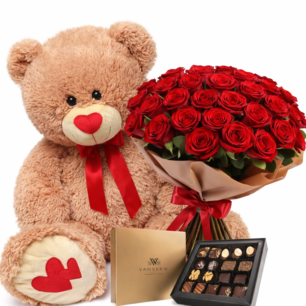 RAMO CON 25 ROSAS PELUCHE MIDE 60 CMS Y FINOS BOMBONES VARSOVIENNE