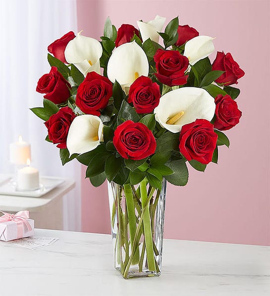Florero 10 Rosas Rojas y 10 Calas blanca a Domicilio - El Jardin de Rosas