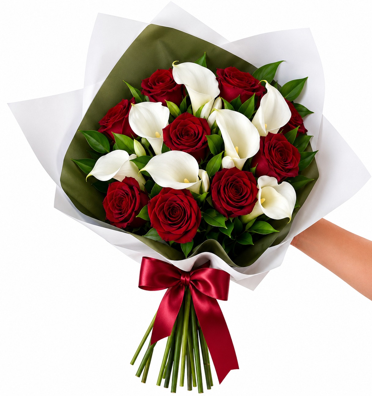 pRECIOSO RAMO 10 ROSAS ROJAS Y 10 CALAS BLANCAS