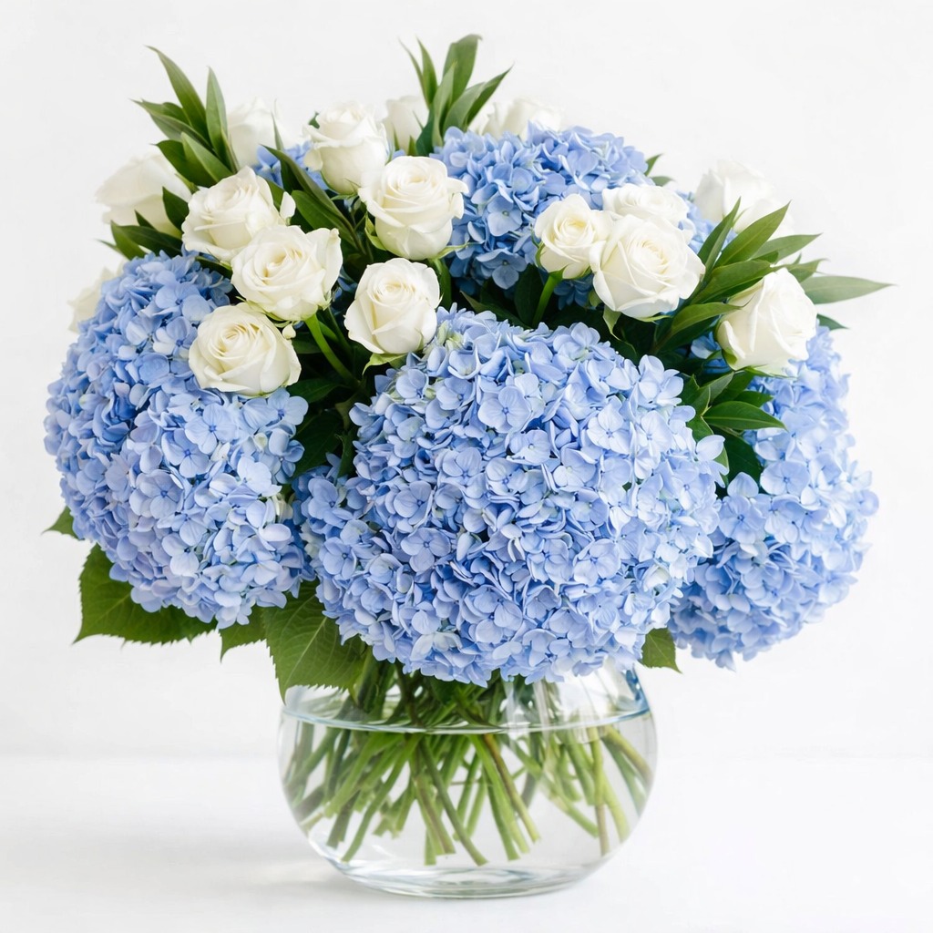 precioso arreglo en florero con rosas blancas y hortensias