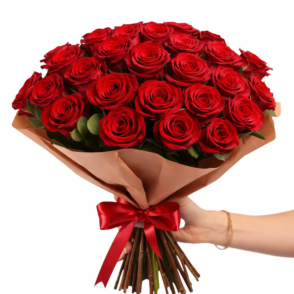 ramo con 25 rosas rojas tallo largo