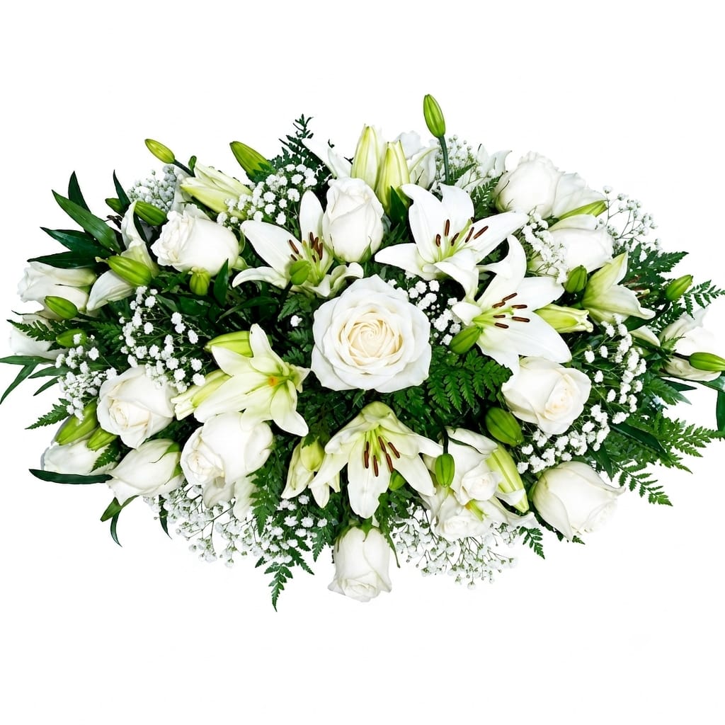 PRECIOSO CUBRE COJIN CON ROSAS Y LILIUM BLANCOS