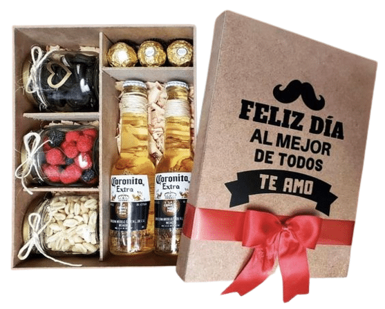 caja de madera con cervezas , frutos secos y bombones ferreros - El Jardin  de Rosas