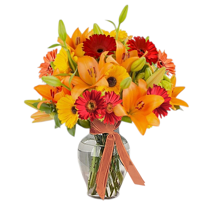 ARREGLO PRIMAVERAL CON LILIUM Y GERBERAS SURTIDAS EN UN BELLO FLORERO