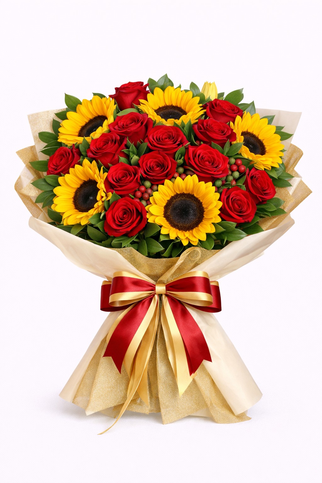 RAMO CON 12 ROSAS Y 6 VARAS DE GIRASOLES