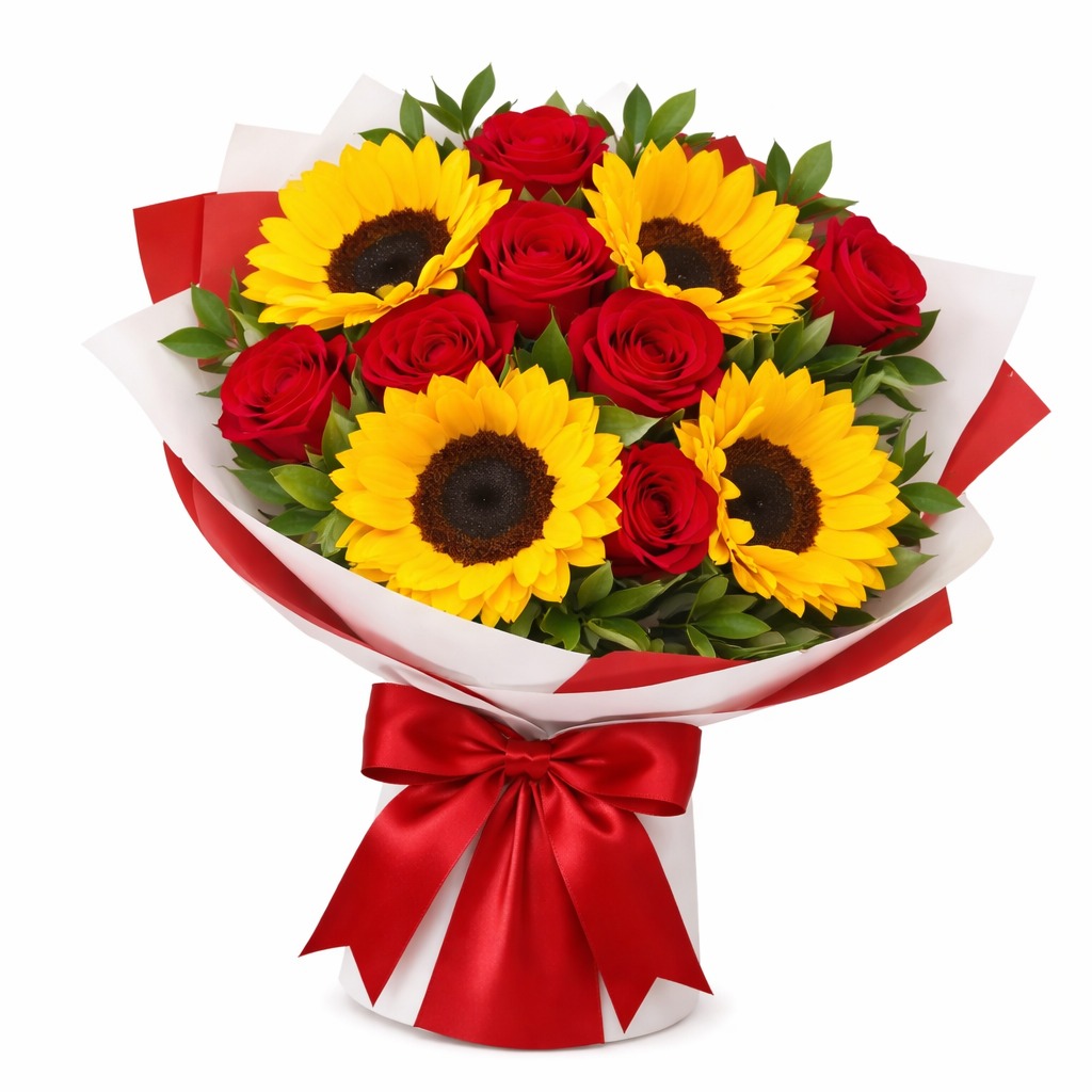 Ramo mixto con 5 rosas rojas rojas y girasoles a domicilio