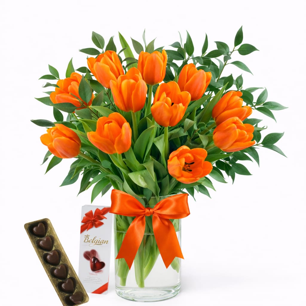 fLORERO CON 10 VARAS DE TULIPANES NARANJAS Y BOMBONES BELGIAN