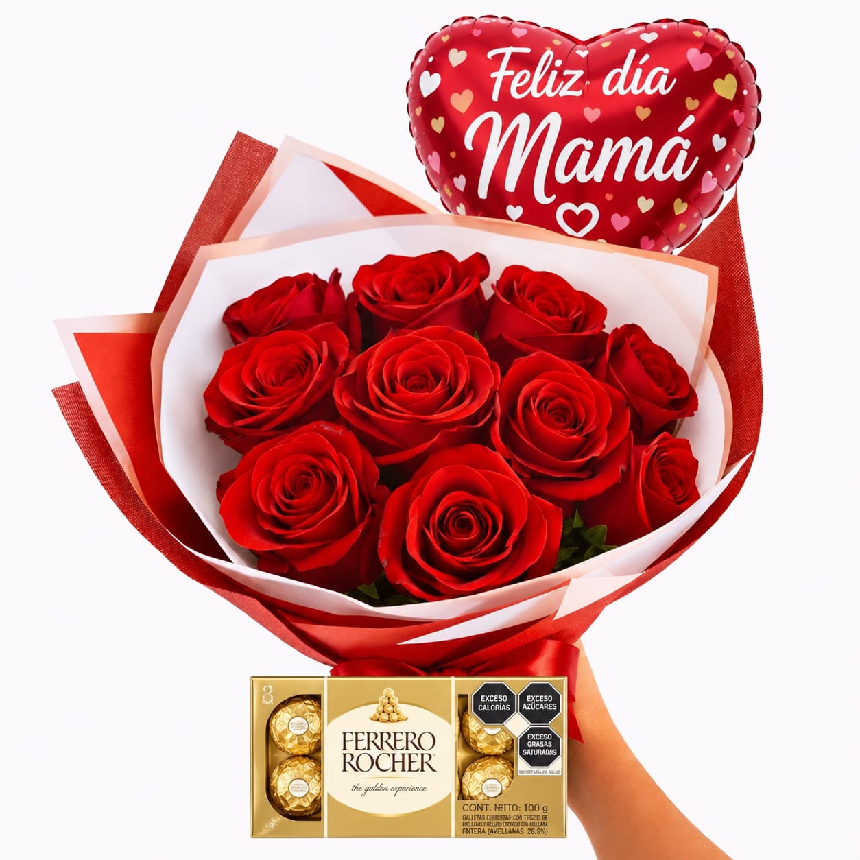 RAMO 12 ROSAS ROJAS BOMBONES Y GLOBO FELIZ DIA MAMÁ